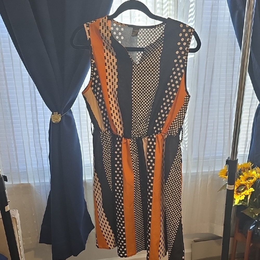 SHEIN Orange and Black Polka Dot Mini Dress w/belt